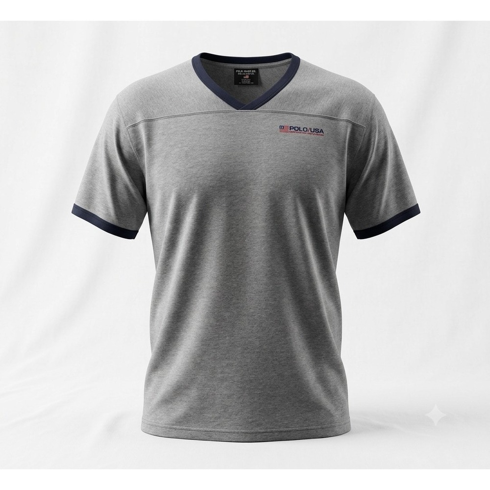 Polo Ralph Lauren Vintage Men's Gray Blue Ringer Polo USA V-Neck Shirt. Size L - Picture 1 of 8